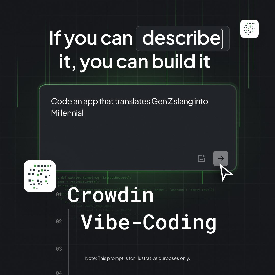 crowdin's tweet image. Can't find the feature you need? Now you can build it!

Vibe-Coding allows you to create Crowdin apps without dev skills: write a prompt, and AI will create an app for you.

Register to try➡️ crowdin.info/3VgDAmw

#vibecoding #crowdin