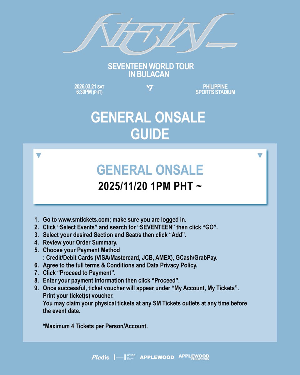 applewood_kr's tweet image. The GENERAL ONSALE is coming soon! 🎫
May the luck be with you, CARAT! 💎🍀

𝗦𝗘𝗩𝗘𝗡𝗧𝗘𝗘𝗡 𝗪𝗢𝗥𝗟𝗗 𝗧𝗢𝗨𝗥 [𝙉𝙀𝙒_] 𝗜𝗡 𝗕𝗨𝗟𝗔𝗖𝗔𝗡
📅 2026. 03. 21 (SAT) 6:30PM PHT
📍 PHILIPPINE SPORTS STADIUM

▶ CARAT MEMBERSHIP PRESALE : 2025/11/18(TUE) 1PM PHT ~ 2025/11/18(TUE)…