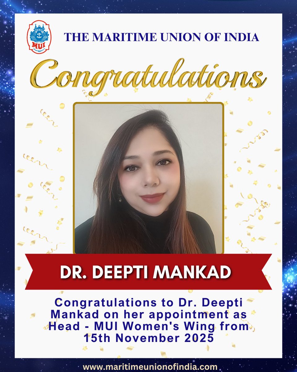 mui_mum's tweet image. Congratulations to Dr. Deepti Mankad on her appointment as Head – MUI Women’s Wing.

A celebrated wellness leader whose journey will inspire more young girls to join the Merchant Navy and build a strong career in maritime. ⚓✨

#MUI #WomenInMaritime #Leadership #MaritimeIndia