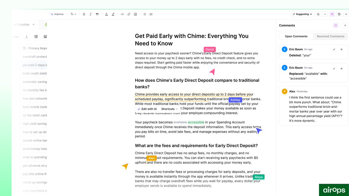 Damn_coder's tweet image. 7. Collaborate in one platform, not ten tabs

Invite teammates to edit, comment, approve,  all inside AirOps.

Built for Human + AI collaboration, not AI-slop automation.
