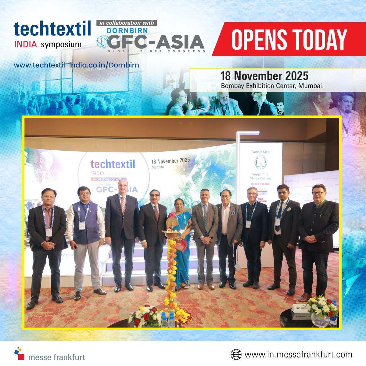 #DornbirnGFCAsia, in collaboration with the #TechtextilIndiaSymposium, is officially inaugurated, bringing global experts together to explore cutting-edge innovations in technical textiles. Graced by Hon’ble Ms V Amuthavalli IAS and key industry leaders at BEC Mumbai.