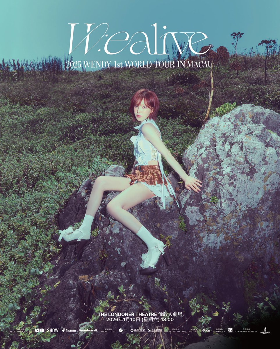 Wanxing_ent's tweet photo. WENDY 1st WORLD TOUR <W:EALIVE> IN MACAU

🌷 歡迎踏入WENDY的首個單獨世界巡回舞台！
💫 屬於WENDY的閃耀時刻終於到來——<W:EALIVE> 世界巡回演唱會澳門站正式啓航！✈️

📅｜演出日期：2026年1月10日(星期六)
🕕｜演出時間：下午6時正
📍｜演出地點：澳門倫敦人，倫敦人劇場/ The Londoner Theatre, The Londoner Macao
🎫｜門票價格：MOP/HKD $1,688 / $1,188 / $788
🪧｜主辦單位：萬星國際娛樂文化
🏷｜經紀公司：ASND        

🔗｜購票資訊：
時間：11月26日(三)中午12點起
金光票務：https://t.co/VqXqxf8SRu
大麥：https://t.co/02BJOkrDib

- 詳情請留意主辦方公告.
- 主辦方保留活動異動之權利.

#WENDY #웬디 
#WEALIVE
#WENDY_WORLDTOUR