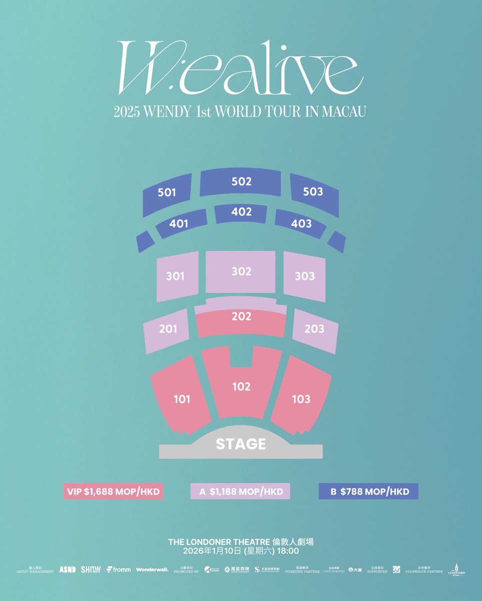 Wanxing_ent's tweet photo. WENDY 1st WORLD TOUR <W:EALIVE> IN MACAU

🌷 歡迎踏入WENDY的首個單獨世界巡回舞台！
💫 屬於WENDY的閃耀時刻終於到來——<W:EALIVE> 世界巡回演唱會澳門站正式啓航！✈️

📅｜演出日期：2026年1月10日(星期六)
🕕｜演出時間：下午6時正
📍｜演出地點：澳門倫敦人，倫敦人劇場/ The Londoner Theatre, The Londoner Macao
🎫｜門票價格：MOP/HKD $1,688 / $1,188 / $788
🪧｜主辦單位：萬星國際娛樂文化
🏷｜經紀公司：ASND        

🔗｜購票資訊：
時間：11月26日(三)中午12點起
金光票務：https://t.co/VqXqxf8SRu
大麥：https://t.co/02BJOkrDib

- 詳情請留意主辦方公告.
- 主辦方保留活動異動之權利.

#WENDY #웬디 
#WEALIVE
#WENDY_WORLDTOUR