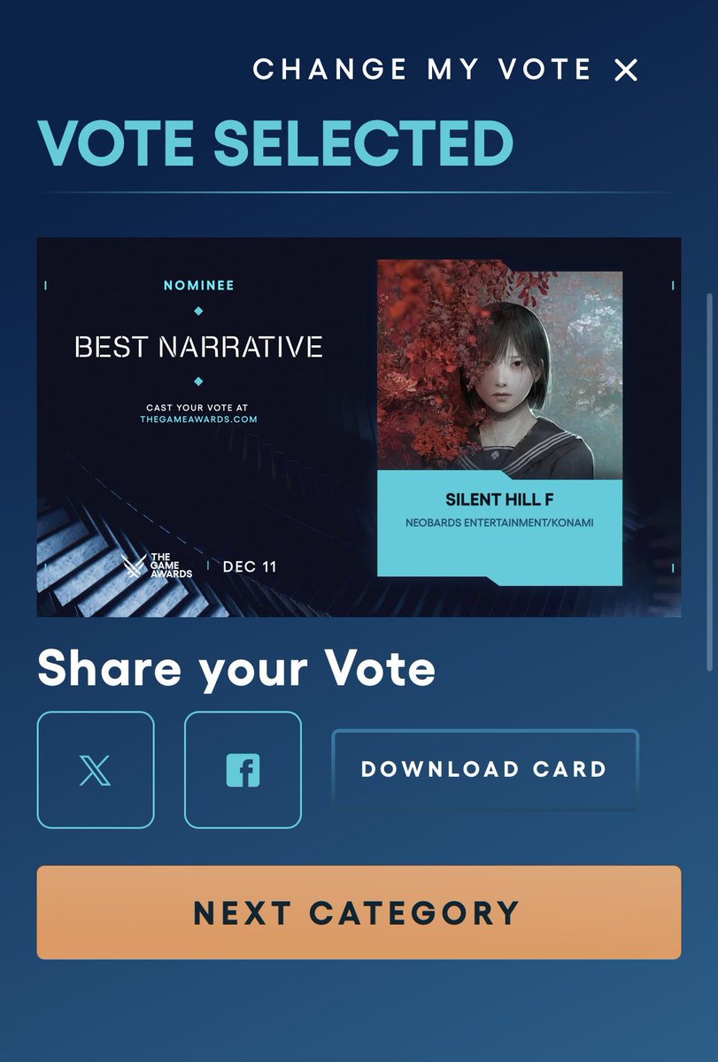 silenthill_jp's tweet photo. 【#TheGameAwards 投票方法のご紹介】

①下記リンクへアクセスし「START VOTING」をクリック: https://t.co/ZrJg08ktif

②各カテゴリでアワードを贈りたい作品を選択
※『SILENT HILL f』のみ投票したい場合は、右上の「NEXT」より各カテゴリまで質問をスキップ、もしくは「VIEW ALL」より投票したいカテゴリを選択

③各カテゴリの『SILENT HILL f』欄の「VOTE」をクリック※サインインが必要となります

④「VOTE SELECTED」が表示されたことを確認して、「NEXT CATEGORY」をクリック

⑤各部門の投票画面へ戻るので、画面右上の「NEXT」もしくは「VIEW ALL」をクリックして「Best Audio Design」など別カテゴリの投票へ遷移し、③〜④を繰り返す

#SILENTHILL #サイレントヒルf