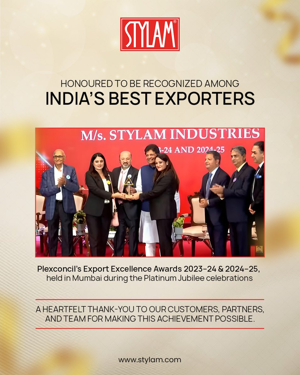 StylamLaminate's tweet image. Honoured to receive the Export Excellence Award 2023–24 &amp;amp; 2024–25 at PLEXCONCIL Mumbai.
Grateful to our partners, customers, and teams for driving our global success in 80+ countries. 

#Stylam #ExportExcellence #GlobalSuccess