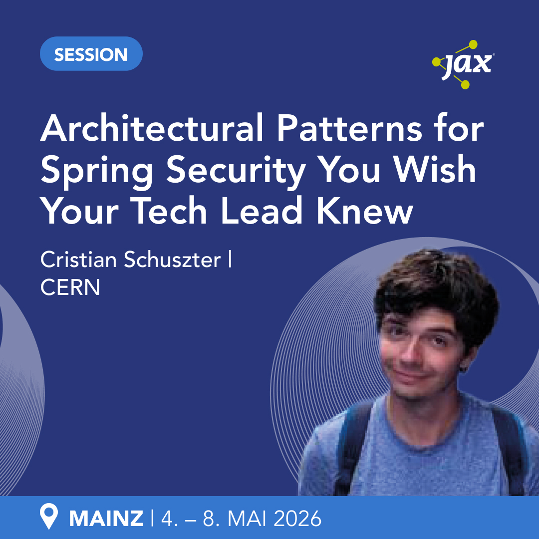 jaxcon's tweet image. 🌱#SpringSecurity skalieren? Cristian Schuszter zeigt, wie Du Auth &amp;amp; AuthZ über viele #Microservices, mehrere IdPs &amp;amp; SSO sauber architektonisch löst.

#jaxcon 2026 · 4. – 8. Mai · Mainz 

ℹ️ Session ansehen: f.mtr.cool/xqpzcoorti

🎟️ Early Bird sichern: f.mtr.cool/ozyzwmuklg