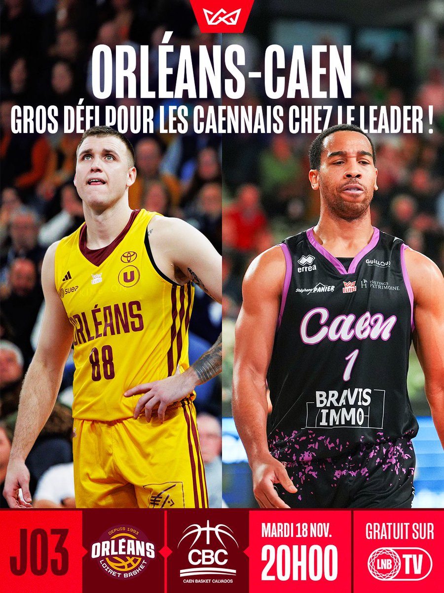 📺 | <a href="/OLB45/">OrléansLoiretBasket</a> reçoit <a href="/CaenBC14/">Caen Basket Calvados</a> ce mardi à 20h 💥
👉 Une affiche à suivre gratuitement sur LNB TV !

#Elite2 #Basketball