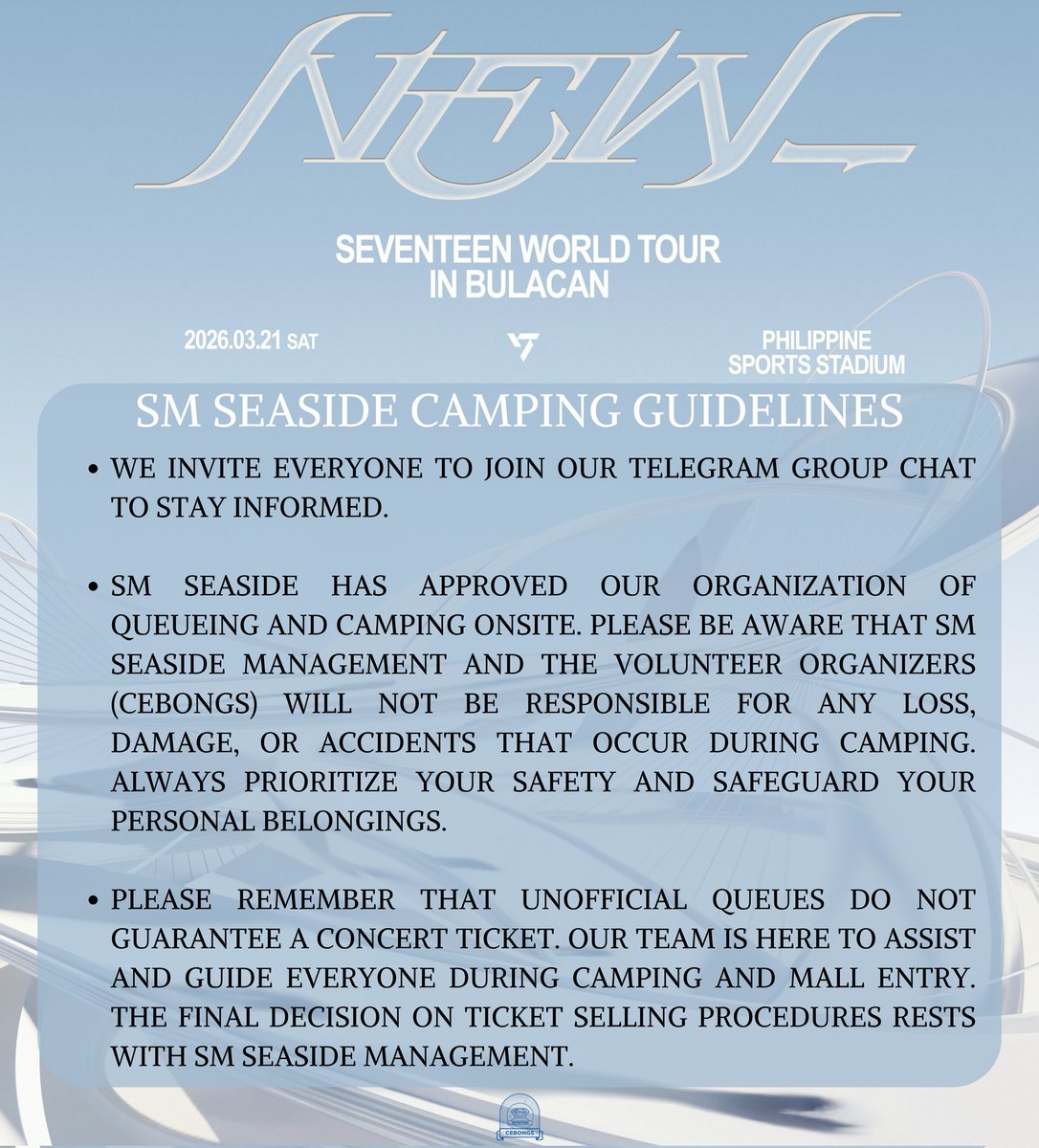 cebongdeuls's tweet photo. CARATS NOTICE 📣

SEVENTEEN NEW WORLD TOUR TICKET GEN SALE DAY🎫

SM SEASIDE UNOFFICIAL QUEUE &amp; CAMPING GUIDELINES!

#SEVENTEEN #CEBongs #SVTNEWWORLDTOUR_IN_BULACANA https://t.co/rYMDhBKW7E