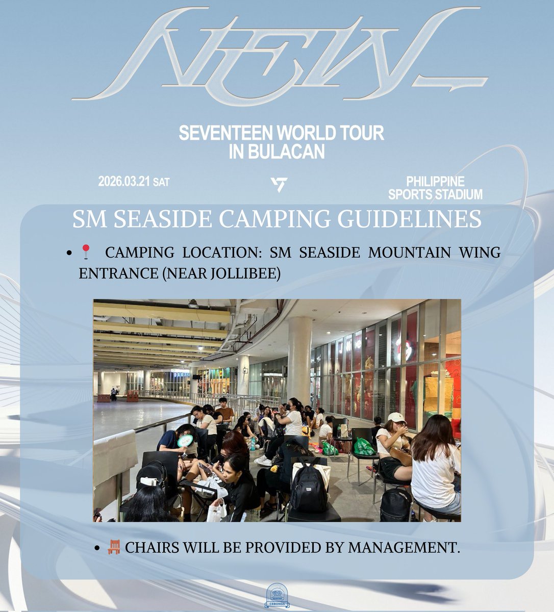 cebongdeuls's tweet photo. CARATS NOTICE 📣

SEVENTEEN NEW WORLD TOUR TICKET GEN SALE DAY🎫

SM SEASIDE UNOFFICIAL QUEUE &amp; CAMPING GUIDELINES!

#SEVENTEEN #CEBongs #SVTNEWWORLDTOUR_IN_BULACANA https://t.co/rYMDhBKW7E