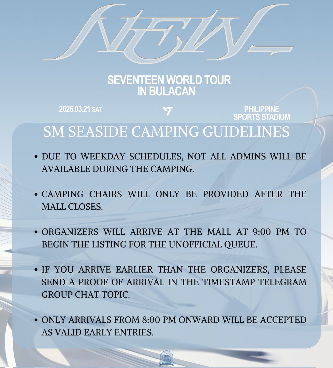 cebongdeuls's tweet photo. CARATS NOTICE 📣

SEVENTEEN NEW WORLD TOUR TICKET GEN SALE DAY🎫

SM SEASIDE UNOFFICIAL QUEUE &amp; CAMPING GUIDELINES!

#SEVENTEEN #CEBongs #SVTNEWWORLDTOUR_IN_BULACANA https://t.co/rYMDhBKW7E