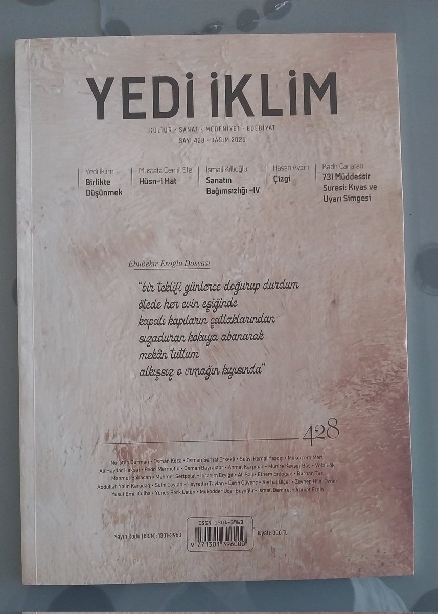 Yedi İklim edebiyat dergisinin 428. sayısı Ebubekir Eroğlu özel dosyasıyla çıktı. Bereketli okumalar dileriz.

Kasım 2025