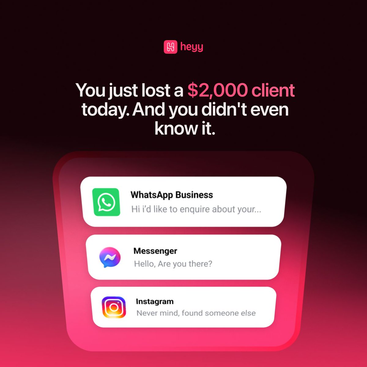 Heyy_hq's tweet image. You just lost a $2,000 client today.
They DM&apos;d at 9 PM. Emailed at 11 PM. Tried WhatsApp in the morning.

Got frustrated. Went to your competitor.
Heyy&apos;s AI handles Instagram, WhatsApp, email &amp;amp; Facebook 24/7.

Stop losing money in your sleep. Try Heyy.io today!
