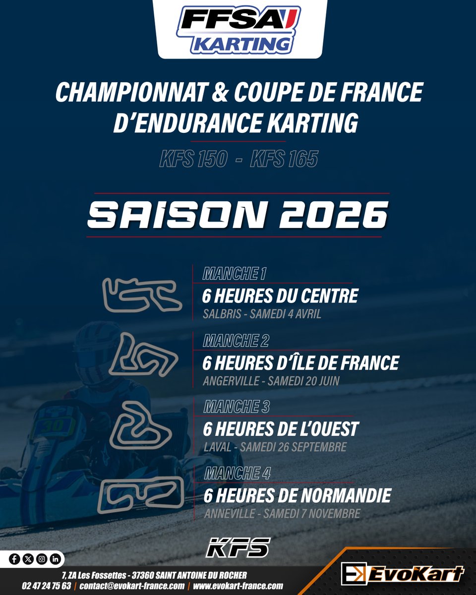 🇫🇷 En 2026, les Endurances KFS deviennent Championnat de France (KFS 150) et Coupe de France (KFS 165) d’Endurance Karting !

ℹ️ Article : evokart-france.com/les-endurances…

#EnduranceKFS #Karting #FFSA