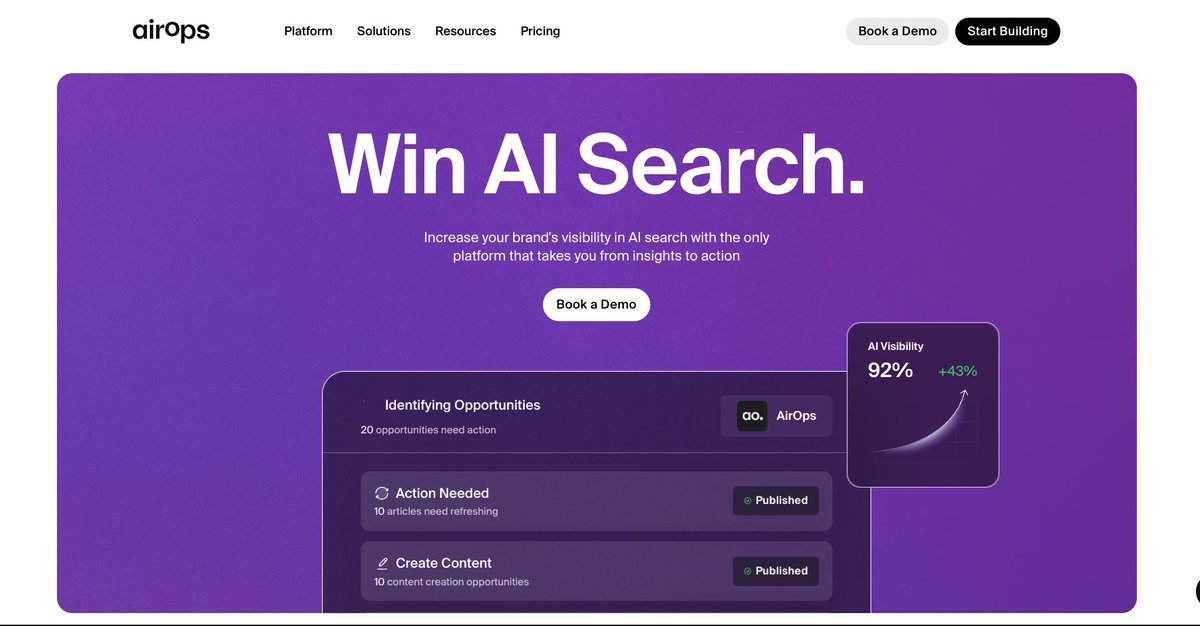 Damn_coder's tweet image. Meet AirOps / @AirOpsHQ -  the first platform built for AI search visibility.

It does three things in a single loop:

• Tracks where your brand appears across AI engines
• Identifies the exact gaps
• Helps you create accurate, on-brand, production-ready content
• Publishes…