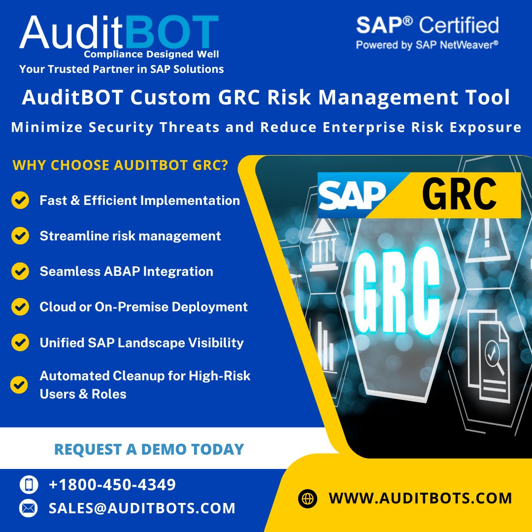 AuditBot's tweet image. Stronger SAP security starts here. AuditBOT GRC reduces risk &amp;amp; boosts compliance—fast.

More Info: auditbots.com/products/custo…

Schedule Your Consultation  auditbots.com

#sapgrc #riskmanagement #governance #audit #itcompliance #erptools #itmanagers #complianceofficers