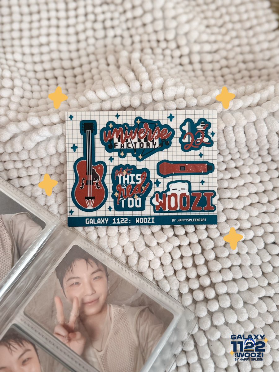 happyspleencart's tweet image. #Galaxy1122 #WOOZI 🌌 ARRIVALS:

Sticker sheet has also arrived! Matte, vinyl, so stick it on your favorite tumbler or laptop or any vinyl-friendly surface! Find all things Woozi in this sheet! 🥹