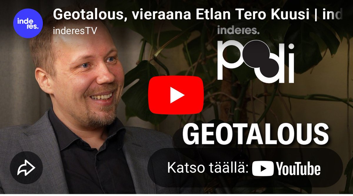 Menikö ohi? Etlan <a href="/TeroKuusi/">Tero Kuusi</a> kävi puhumassa tämän ajan ilmiöstä eli geotaloudesta ja sen haasteista Suomelle <a href="/Inderes/">Inderes</a> podcastissa w/ <a href="/MariannePalmu/">Marianne Palmu</a> &amp; <a href="/Vernepu/">Verneri Pulkkinen</a> 
Podi nyt ulkona👇 #kuuntelusuositus 
youtu.be/H_NgozPIfcE?si…