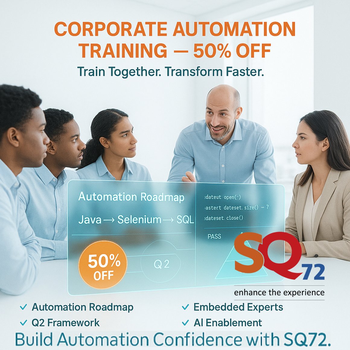 SQ72Testing's tweet image. 🎓 50% OFF Corporate QA Training (Teams 5+) Java → Selenium → SQL · Embedded engineers · Q2 + AI enablement. 📷 sq72.co #automationtesting  #InnovationInAction  #softwaretestingtraining #TechSkills
