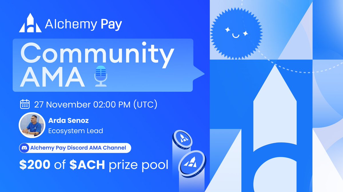 📢Community #AMA on Nov27th! Win a share of $200 in $ACH for the 10 best  questions related to our latest update! 1⃣Follow @AlchemyPay &  @AlchemyPayNews_ 2⃣RT, Like & Tag 3 friends 3⃣Leave