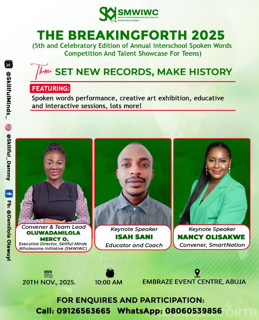 It’s #TheBreakingforth2025 week! 💃🏻🕺

And we <a href="/SkillfulMinds_/">Skillful Minds Wholesome Initiative</a> feel excited about this!!

Venue ✅
Speakers ✅
Partners ✅

It’s time to watch our young teenagers “Set New Records &amp; Make History” as they perform on the stage!!🎤

For details &amp; participation, contact us. 📞
#SMWIWC
