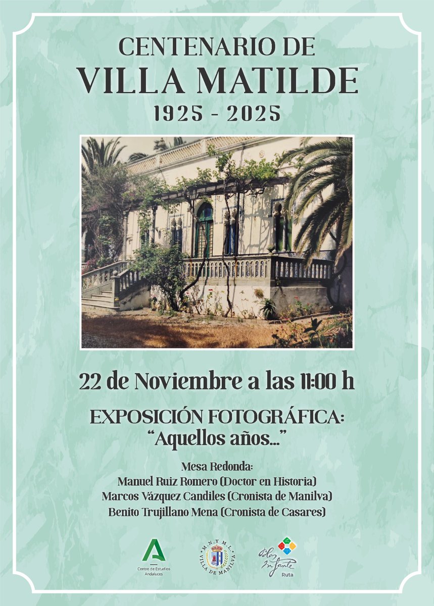 Este 22N participo en Manilva (Sabinillas)
en una mesa conmemorando
el centenario de Villa Matilde, 
la casa que el hermano menor 
de #BlasInfante  Ignacio tenía allí
 
Gracias <a href="/BlasInfante2/">Ruta de Blas Infante</a> y <a href="/Manilvaprensa/">Ayuntamiento Manilva</a> 

Nos vemos en el Parque Villa Matilde de Sabinillas

#Malaga
#Andalucia