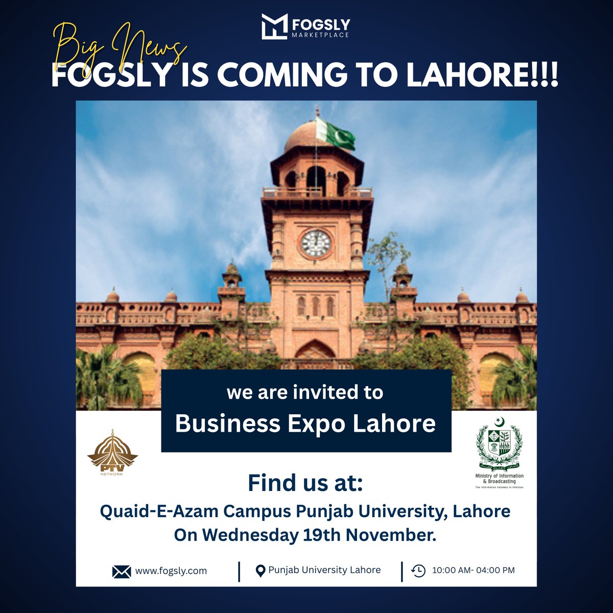 fogsly0's tweet image. 🚀 Fogsly is coming to Lahore!
Catch us at Business Expo Lahore at Punjab University on 19th November.

🌐 fogsly.com
#Fogsly #BusinessExpoLahore #PunjabUniversity #EarnOnline #DigitalPakistan #FogslyMarketplace