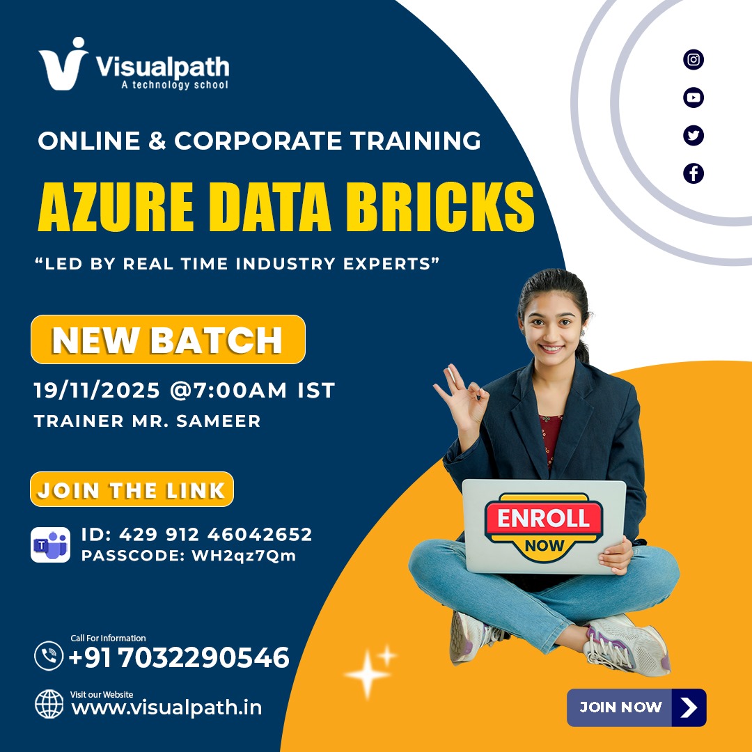 VisualpathPro's tweet image. 🚀 Upcoming New Batch – Azure Databricks Training
👨‍🏫 Trainer: Mr. Sameer
📅 Date &amp;amp; Time: 19/11/2025 @ 7:00 AM IST
🆔 Meeting ID: 429 912 46042652
🔐 Passcode: WH2qz7Qm
🌐 Link: bit.ly/3X34toz 

📞 Contact: +91 7032290546
🌍 Website: visualpath.in

#AzureData