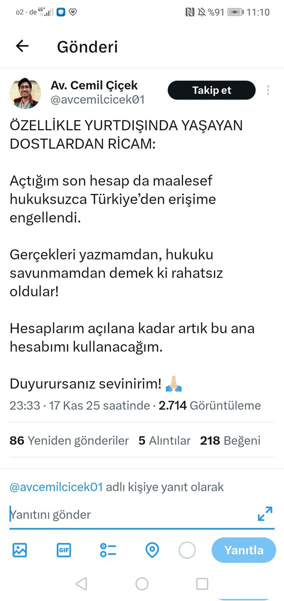 Türkiyede ki dostlara duyuru. Avukat Cemil Bey in ricası aşağıdadır. Kendisi <a href="/avcemilcicek01/">Av. Cemil Çiçek</a> hesabını kullanarak yola devam edecek.