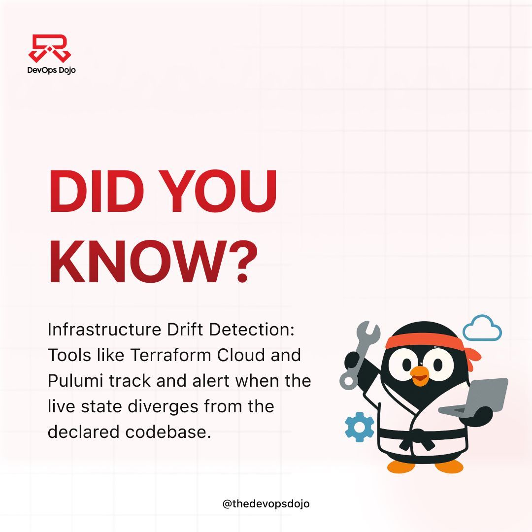 thedevopsdojo's tweet image. Ever wondered why your infrastructure behaves differently from your codebase? That’s infrastructure drift and tools like Terraform Cloud and Pulumi help you catch it early. #DevOps #IaC #Automation #DevOpsDojo