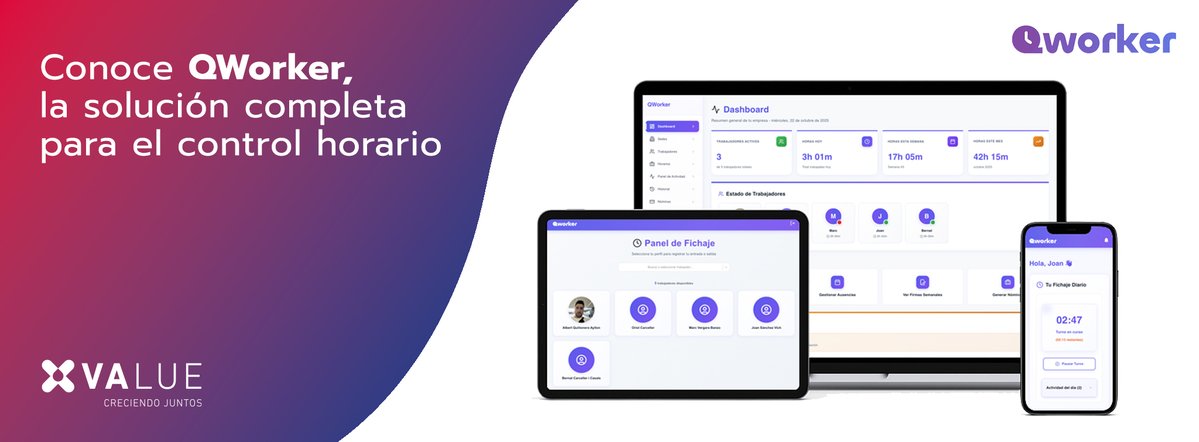 ¡Llega QWORKER! La app web homologada para el control de jornada laboral según el RD-ley 8/2019. Sin inversión, sin permanencia y con todo el soporte de VALUE.  

📅 Unboxing QWORKER 📷 19/11 a las 13h (teams.microsoft.com/dl/launcher/la…)