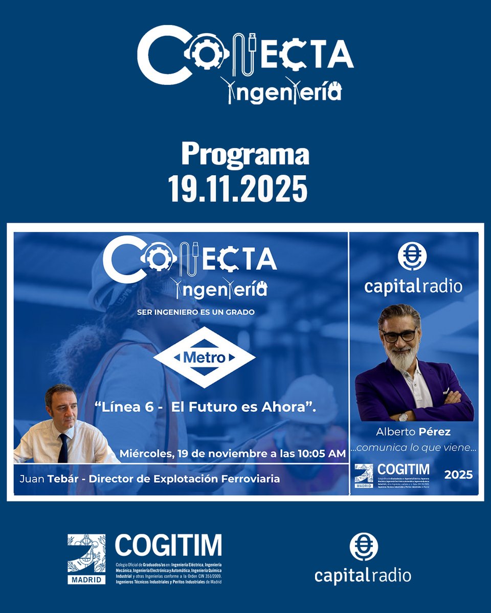 cogitimadrid's tweet image. 🔊 Mañana en #ConectaIngeniería abordamos la histórica transformación de la Línea 6, con @Ferro_Veloz, Director de Explotación Ferroviaria de @metro_madrid.

🔗 Acompáñanos en esta conversación clave sobre #ingeniería y #movilidad.

🕙 19/11 - 10:05 h
 🎧capitalradio.es/directo