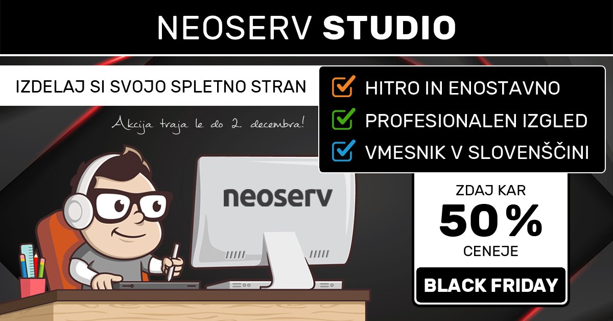 neoserv's tweet image. 🖤 Black Friday: NEOSERV Studio [–50%]

Do profesionalne spletne strani z NEOSERV Studio: hitro, preprosto in zdaj po akcijski ceni – od 2,99 €/mesec. 🔥

ℹ️ Na voljo je tudi BREZPLAČEN paket, ki vam omogoča enostavno izdelavo osnovne spletne strani.

🖤 neoserv.si/spletne-strani