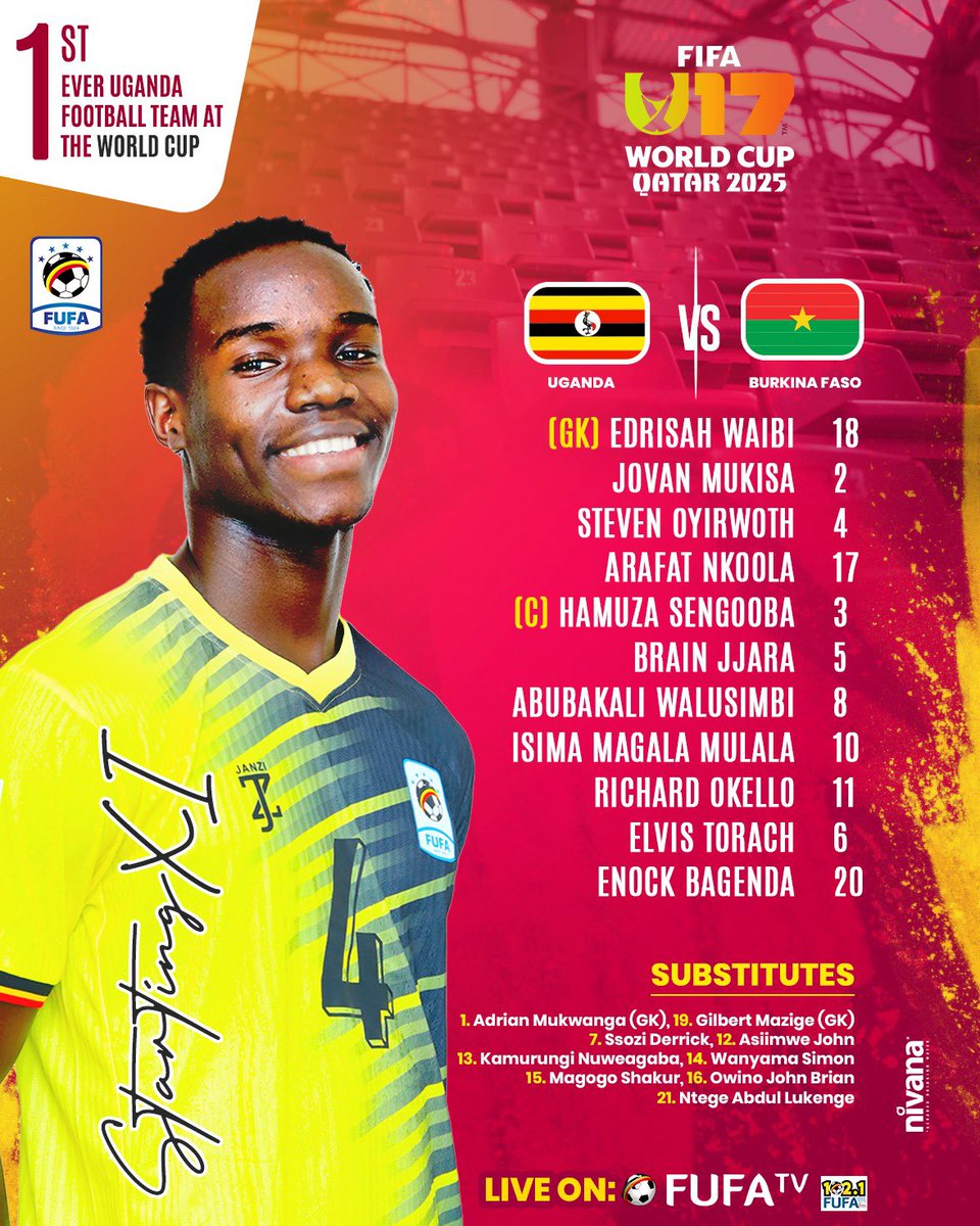 OfficialFUFA's tweet image. Round of 16 Uganda Cubs team news 🗞️

🔜 Uganda U-17 vs Bukina Faso U-17

#UGABFA | #U17WC