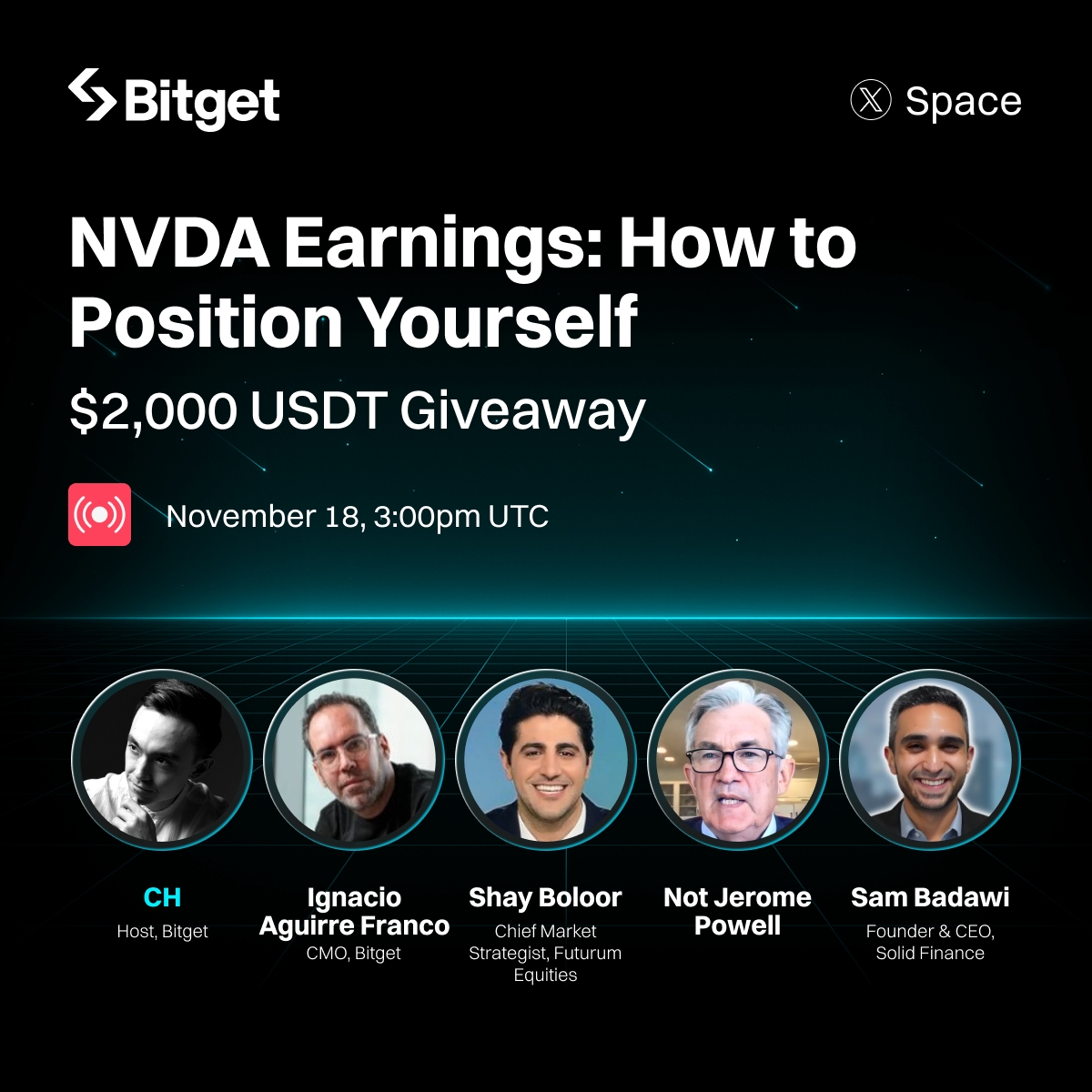 bitget's tweet image. Join our 𝕏 Space with @ignaciobitget, @StockSavvyShay, @alifarhat79, @samsolid57 &amp;amp; @ch_egan for an in-depth conversation on $NVDA earnings opportunities.  

🎁 $2,000 giveaway (40 winners x $50 USDT)   

✅ Follow @bitget + RT 
✅ Tune in: x.com/i/spaces/1mnxe… 
✅ Share a…