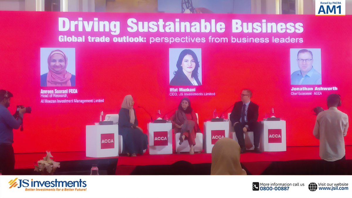 JSInvestment's tweet image. At ACCA Pakistan&apos;s “Driving Sustainable Business” event in Karachi, global and local perspectives came together.

Our CEO, Iffat Z. Mankani, joined ACCA Chief Economist Jonathan Ashworth in a dynamic Fireside Chat moderated by Amreen Soorani FCCA, unpacking global trade shifts…