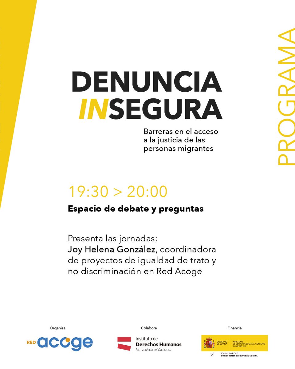Desde <a href="/REDACOGE/">Red Acoge</a> presentamos el estudio 'Denuncia (In)segura', una aproximación a la vulneración del derecho al acceso a la justicia de las personas migrantes

🗓️20 de noviembre - 18h
📍Universitat de València <a href="/IDHUV/">Institut de Drets Humans UV</a>
💻Retransmisión en directo
🔗Inscríbete: goo.su/BKmi0