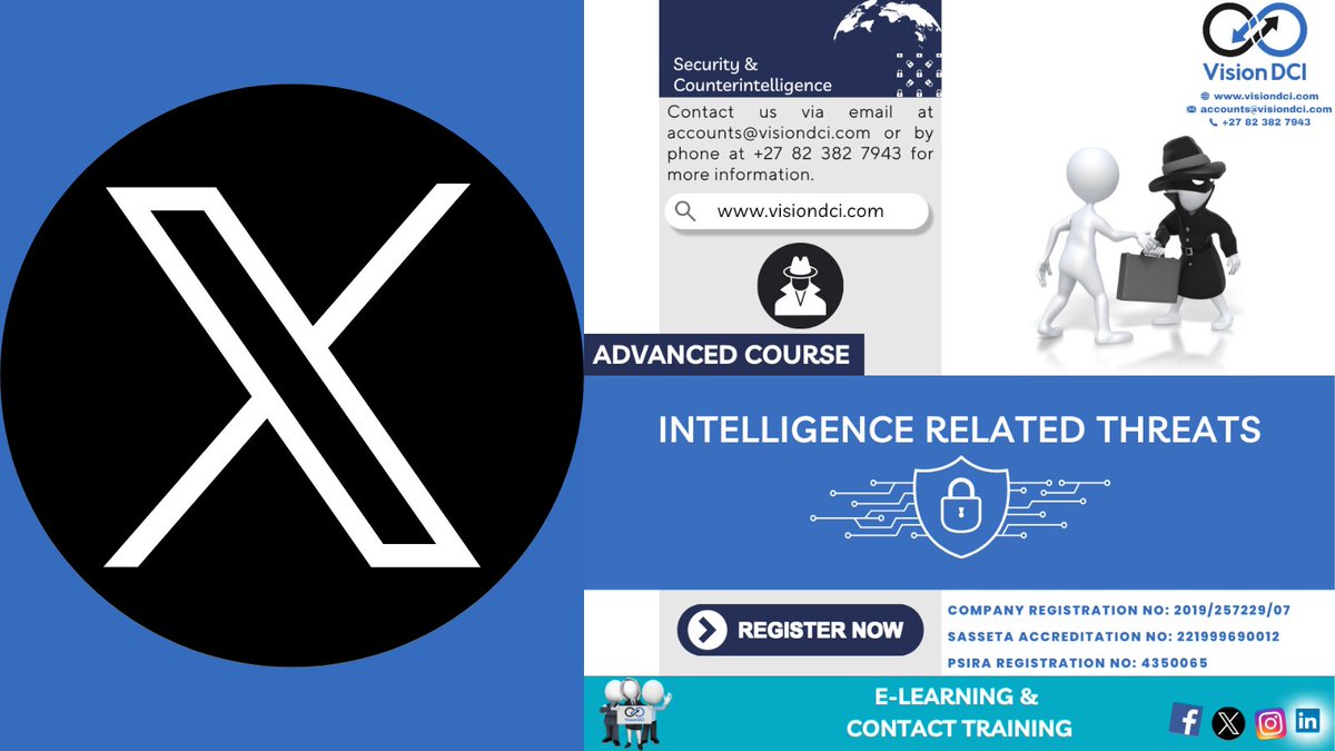 VisionDCI's tweet image. 🖥️💻

More Information: accounts@visiondci.com

#Threats #IntelligenceThreats #SecurityManagers #SouthAfrica #government #managers #VisionDCI #education #security #intelligence #elearning #onlinelearning #training #courses #services #skillsprogrammes #SASSETA #PSIRA