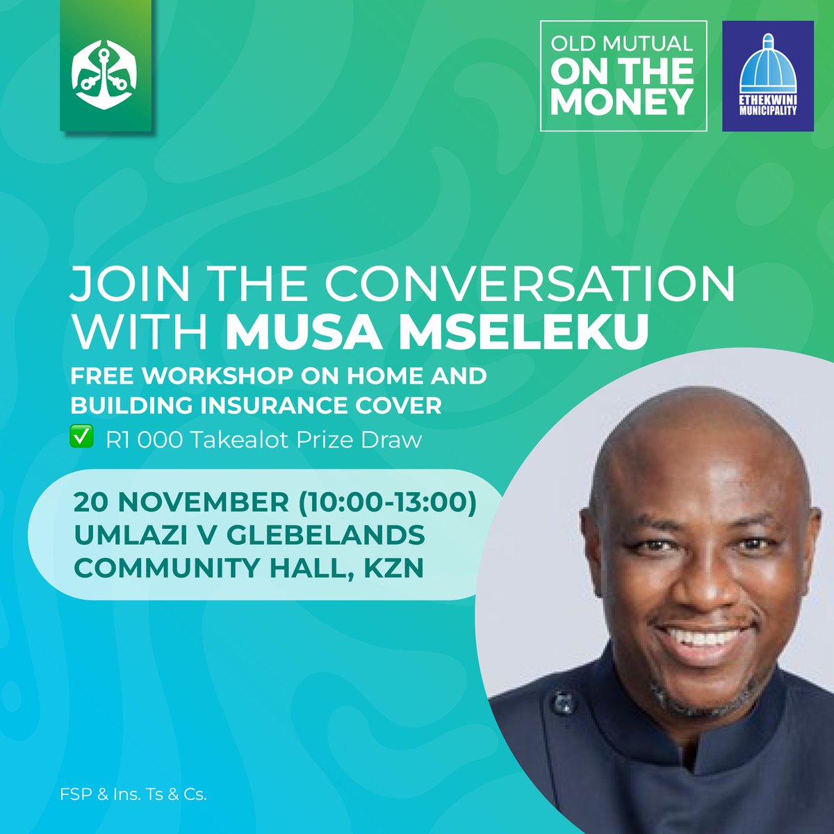 Umlazi, we’re coming together for a conversation that matters. Join Old Mutual On The Money, in collaboration with Old Mutual Insure, on 20 November for a FREE, practical Financial Education Workshop hosted by Musa Mseleku. 

We’ll unpack the everyday realities of home and