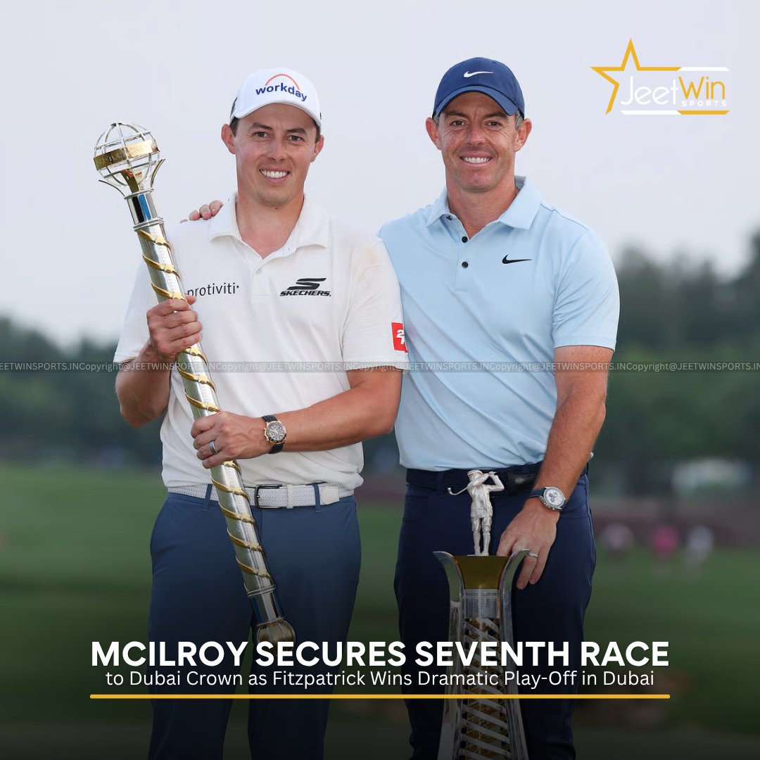 Jeetwin_Sports's tweet image. Rory McIlroy caps a legendary season with his 7th Race to Dubai title, while Matt Fitzpatrick takes the Dubai crown in a tense play-off! 🏌️‍♂️🔥
Catch all the latest sports action on JeetwinSports:
jeetwinsports.com
#Golf #McIlroy #Fitzpatrick #Dubai
