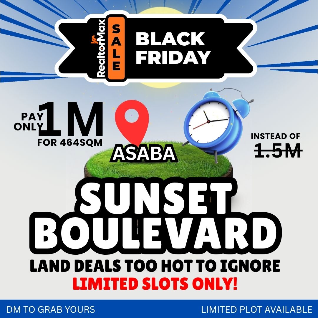 RealtormaxI's tweet photo. This Is the Land Deal You’ve Been Waiting For!

BLACK FRIDAY MADNESS IS HERE!

For a limited time only, grab premium plots in:
🔥 Sunset Boulevard Asaba – ₦1M (instead of ₦1.5M!)

Send a DM NOW to grab yours before the slots finish! https://t.co/hA2JFjX4Du
