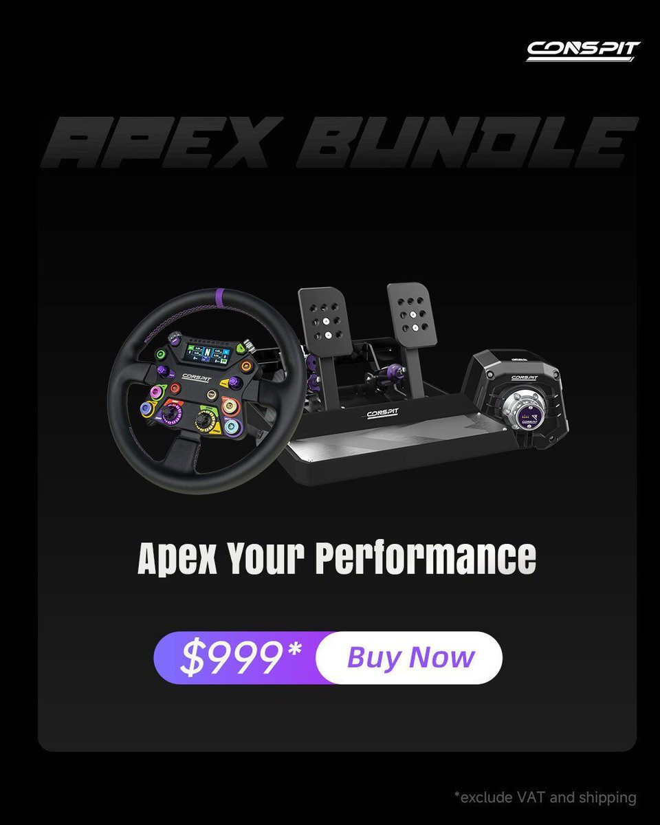 OfficialCONSPIT's tweet image. CONSPIT APEX Bundle – Unbeatable Price of $999!
 The APEX Bundle includes:
  310 APEX Wheel
  CDR Quick Release (QR)
  CPP APEX 2-Pedal Set
  ARES APEX 8Nm Wheelbase

PRO DRIVERS&apos; CHOICE
 🛒conspit.com/distributors
 📱 linktr.ee/conspit_offici… 
 #CONSPIT #ProDriversChoice