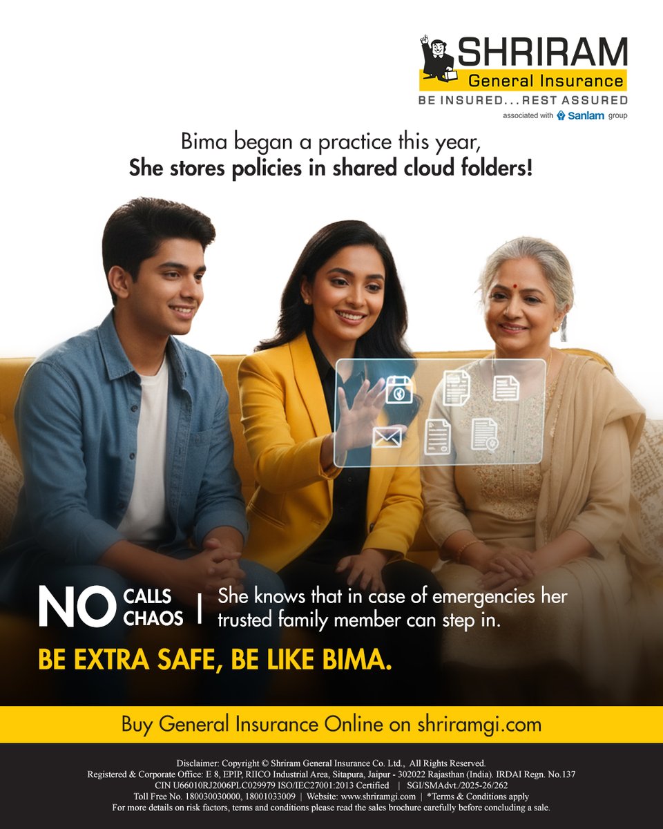 Shriram_GI's tweet image. Bima’s smart move of 2025? 📁☁
She keeps all her insurance policies in a shared cloud folder so her family can help instantly during emergencies.
Simple. Secure. Life-saving.
Be extra safe, be like Bima!
#InsuranceMadeEasy #BeLikeBima #DigitalOrganization #HealthInsurance