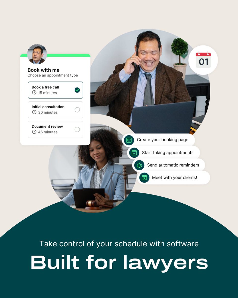 The appointment scheduling software built for lawyers ⚖️

Take control of your schedule and focus on billable hours with our free attorney scheduling tool.

💼 Streamline your practice:
– Send out personalized booking links
– Accept payments upfront
– Track no-shows effortlessly