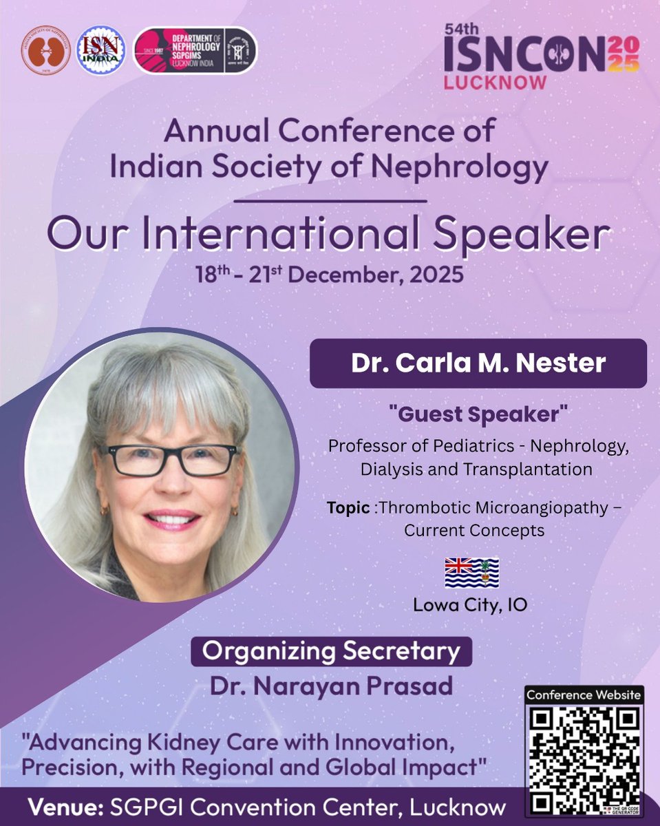 Isncon25's tweet image. A proud moment for ISNCON 2025! ✨
Join us in welcoming Dr. Carla M. Nester, renowned expert in Nephrology and Transplantation, as she delivers a key session on Thrombotic Microangiopathy – Current Concepts.
📅 18th – 21st December 2025
📍 SGPGI Convention Center, Lucknow
