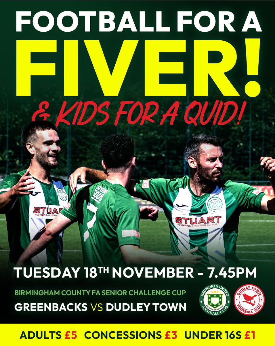 ⚽️MATCHDAY ⚽️

🗓 18th November
🆚 <a href="/DudleyTownFC/">Dudley Town FC</a> 
🕒 19:45
🏆 Birmingham senior cup   
🏟 The Oval
📍 CV12 8NN
🎟️ £5 Con £3 u16s £1
