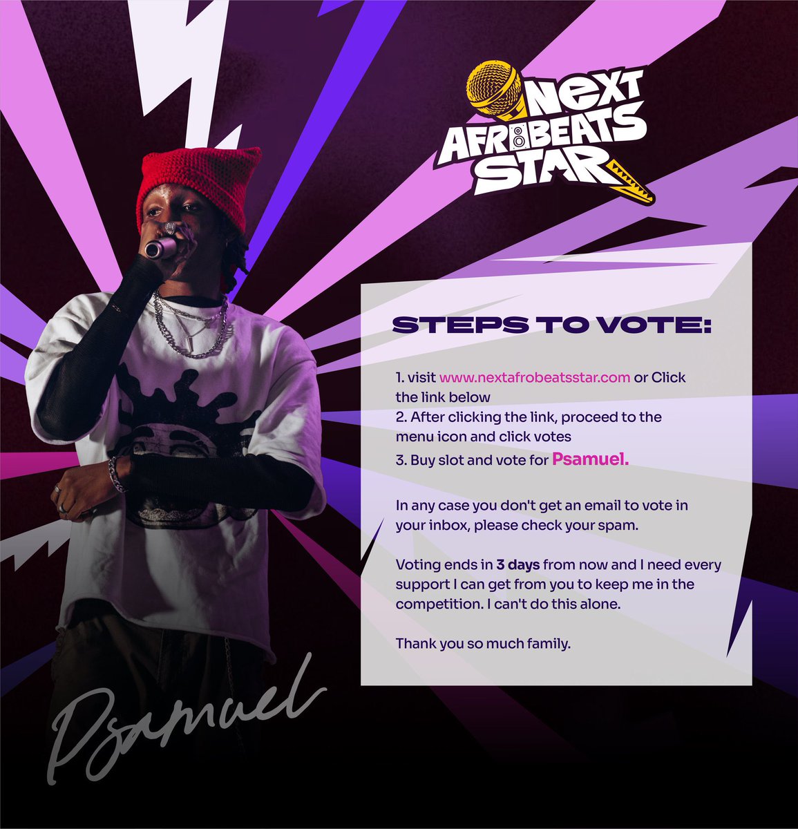 oauttw's tweet photo. 🚨 Superstar Psamuel is The Next Afrobeats Star

Vote here 🔗 https://t.co/KAx6bpmj15 https://t.co/P2gsfktvxk