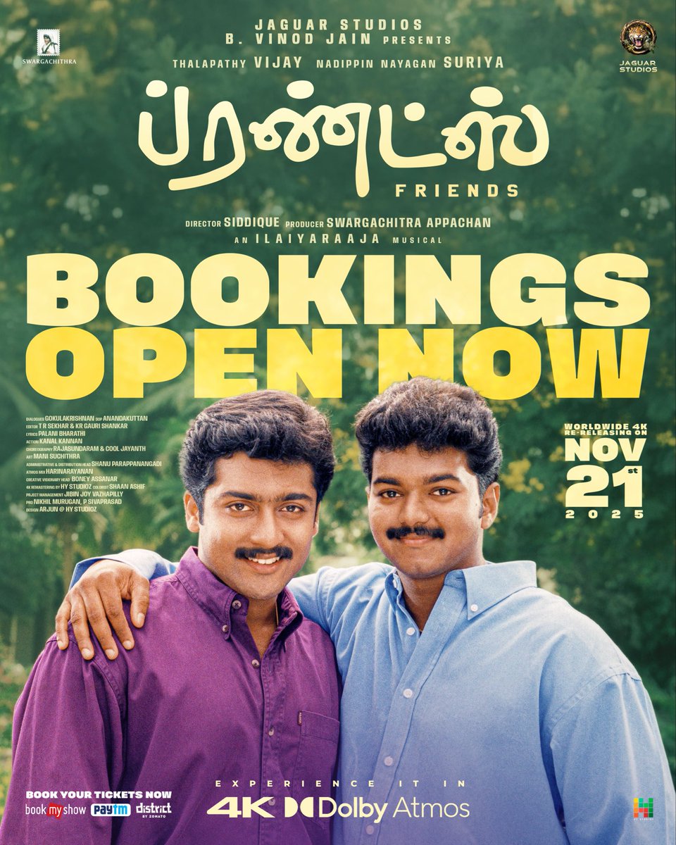 ijaguarstudios's tweet photo. Ticket Booking Open Now 🎟️
Most Lovely Friendship Movie
#Friends
#bookingopennow
Trailer link 🔗
https://t.co/pEaQIAJtAe
Are you ready?
Tag your gang now! 👇
#FriendsReRelease
#FriendsForever 💗
#friends
@ijaguarstudios
@agscinemas
Duo Combo @actorvijay & @Suriya_offl https://t.co/jKnSo8koNE