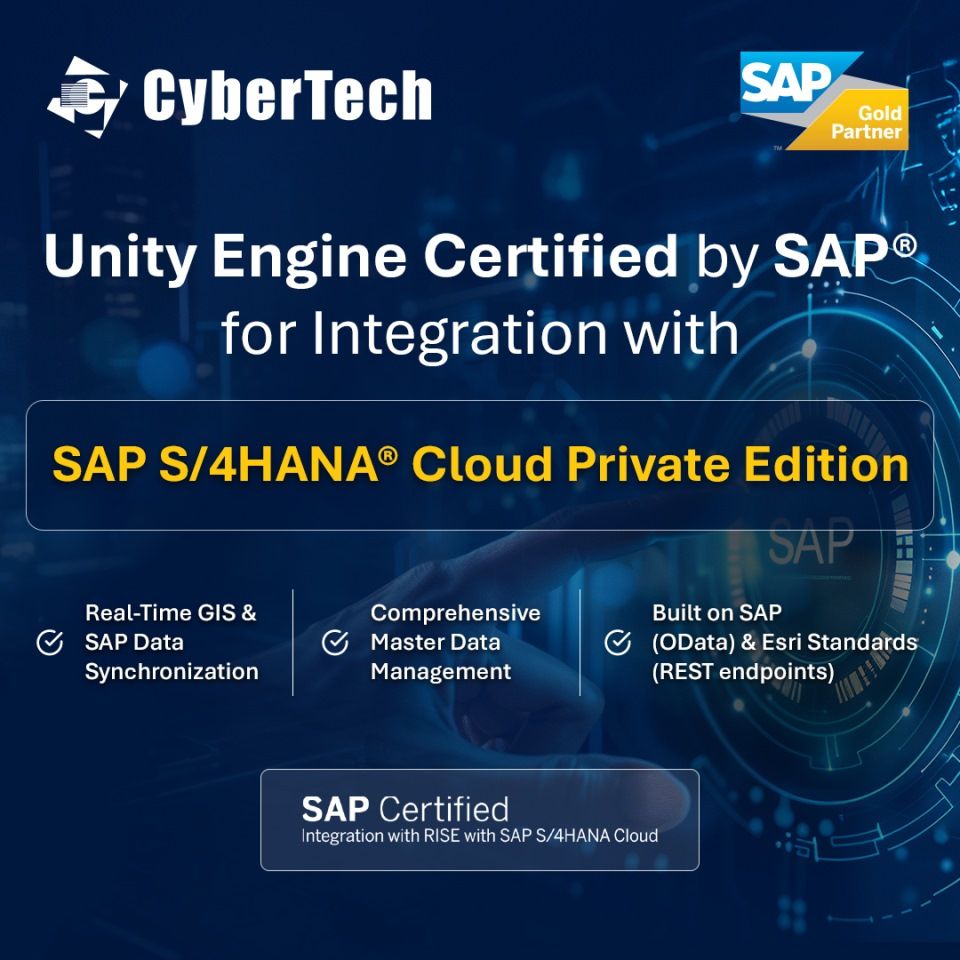 CyberTechOnline's tweet image. We are proud to announce that Unity Engine 3.0.0.1 has certified integration with SAP S/4HANA Cloud, private edition. 

Learn more: lnkd.in/dbHzZP3C

#UnityEngine #SAPCertification #GIS #ERPIntegration #CyberTech #Esri