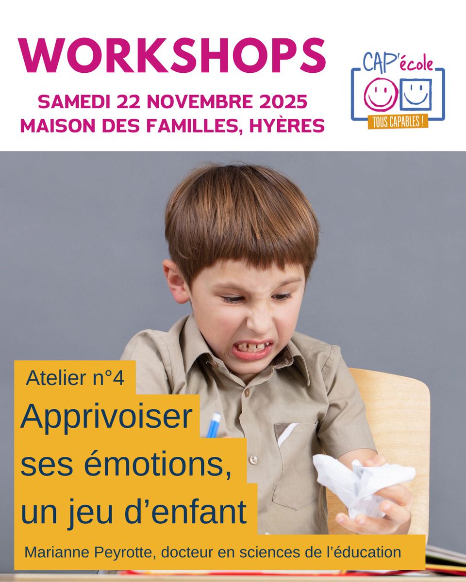 Comment aider son enfant à réguler ses émotions pour gagner en sérénité en classe ? Atelier n°4 samedi 22/11 👉Inscription gratuite, places limitées : forms.gle/ZkkLW7acDtDS2t… #Hyères #Var #handicap #handicapinvisible #gestiondesémotions #TSA #TDAH #parentalité #CAPecole