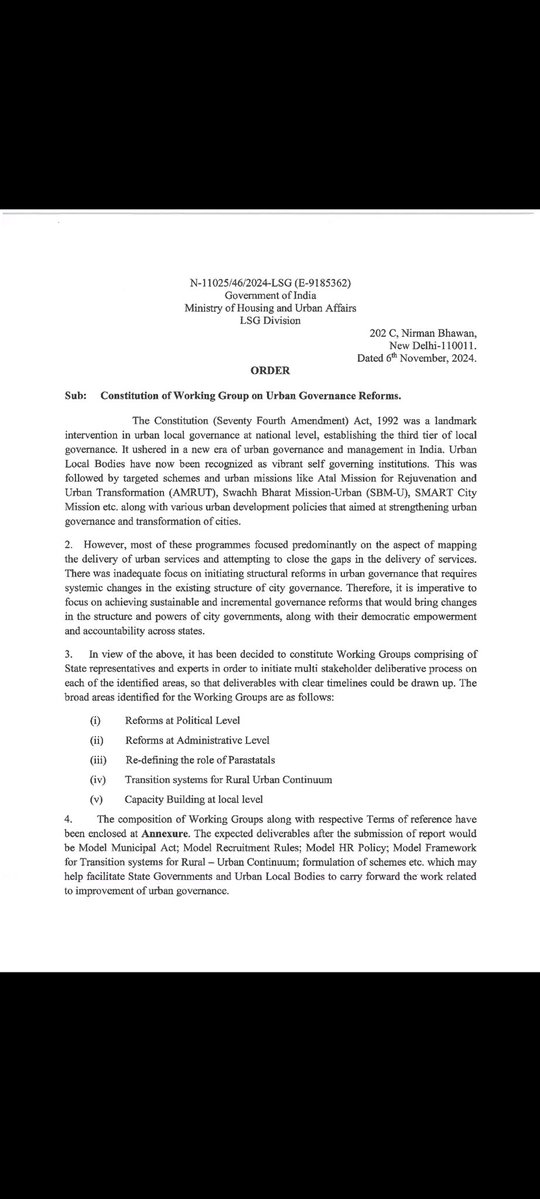 itsmeharsh_09's tweet image. India will soon witness reforms in an area that has remained largely untouched—Municipal Governance.

Government has constituted a Working Group in November last year. The Group has been tasked with drafting Model Municipal Act and designing schemes to support municipal reforms.